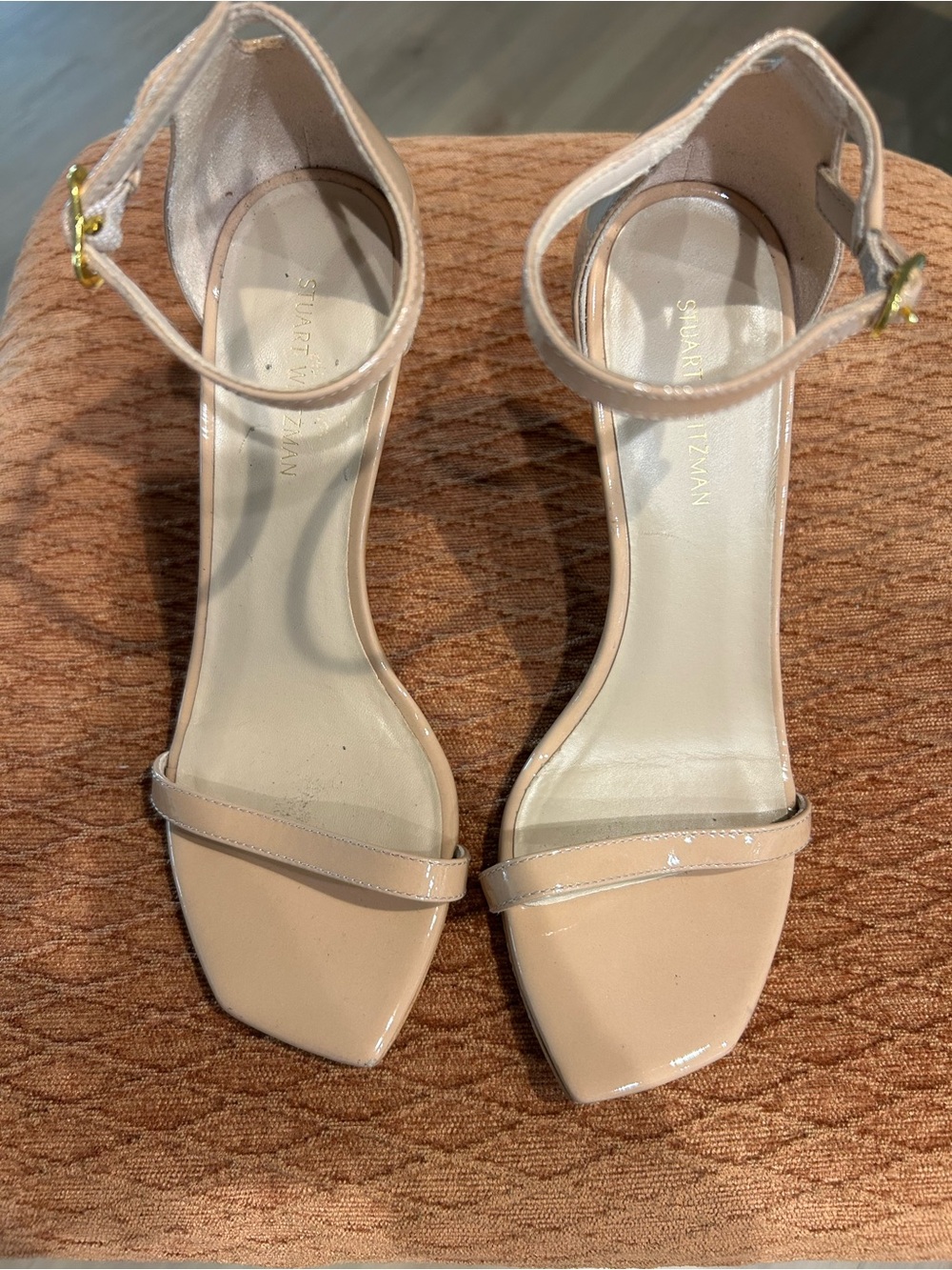 Stuart Weitzman Beige Patent Ankle-Strap Stilettos - Picture 3 of 5